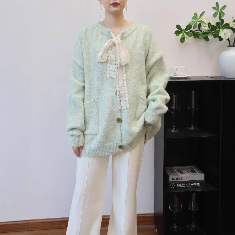 

Women Sweaters Casual Round Neck Bow Long Sleeve Cardigan Jumpers Knit Vintage Spliced Lady Pockets Coats Slight Strech