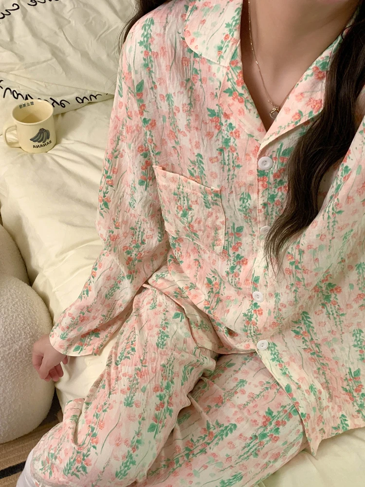 

Розовый комплект женской домашней одежды из чистого хлопка Long Sve Spwear, весенне-осенний удобный дышащий ночной комплект с милым цветочным принтом...