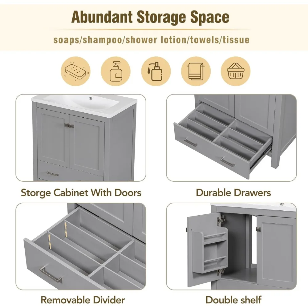 Tocador de baño de 30" con lavabo individual, mueble combinado, lavabo bajo montaje, 2 puertas y un cajón, mueble de almacenamiento para baño