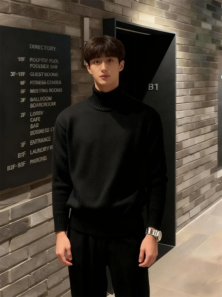

Men's High Collar Fce Lined Knitwear Slim Fit Autumn Winter Faion Casual Sle Korean High End Feeling Sweater