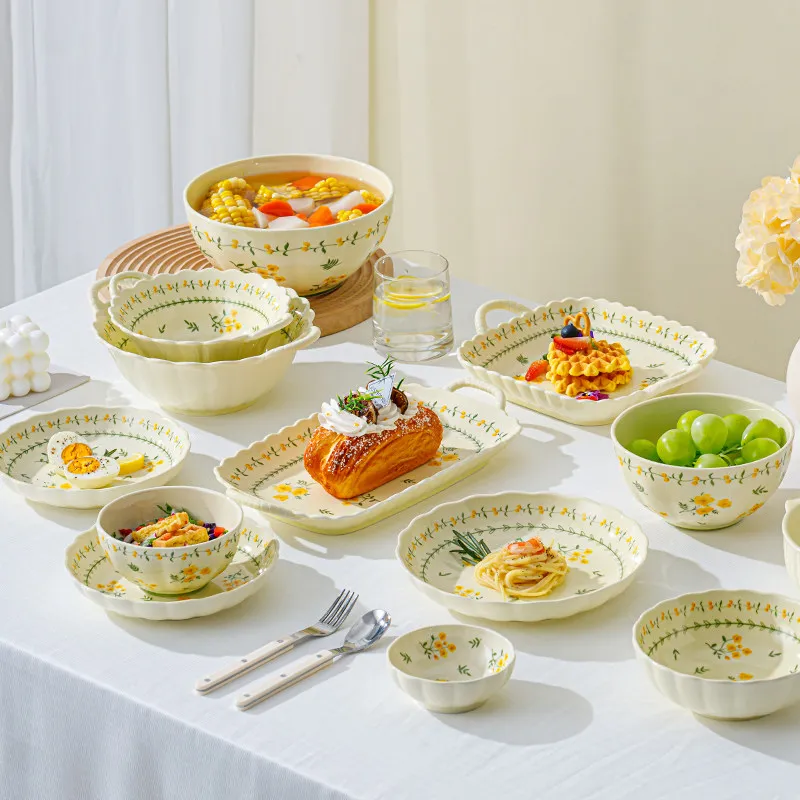 Underglaze Color Ceramic Plate Double Handle Square Dinner Plate Luxury Home Kitchen Tableware New Style Serving Dish