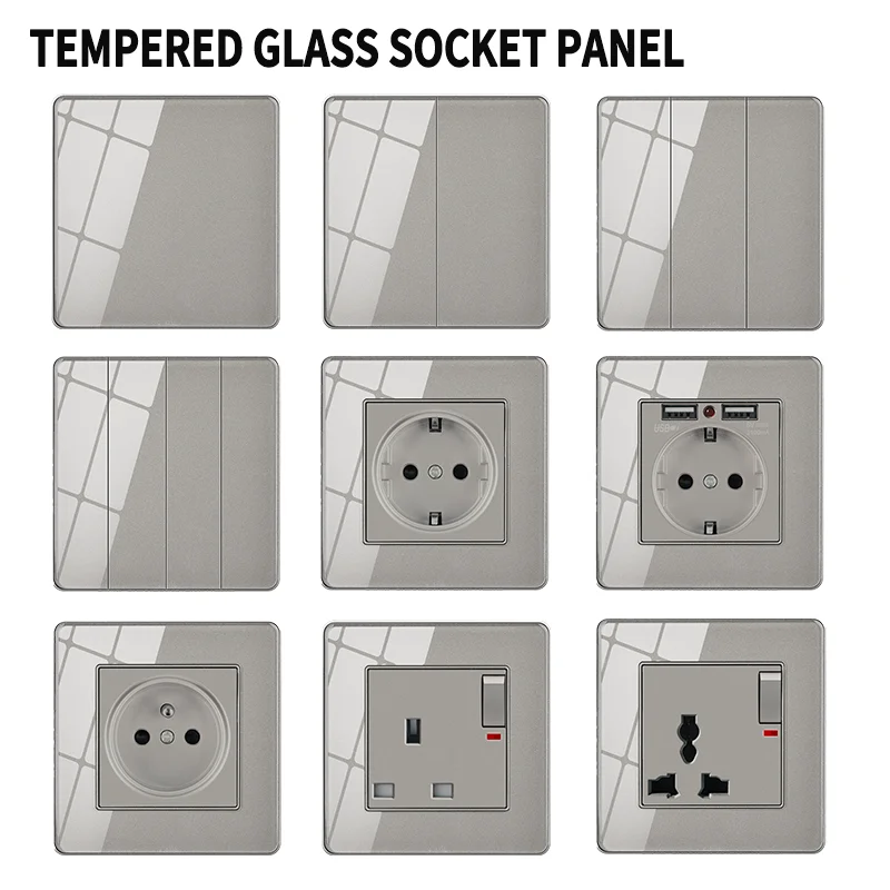 T&I 2p+T 16a French Standard Power Socket With Earth Neptune Built-In Socket With Usb Protruding Mount Ground Black Glass