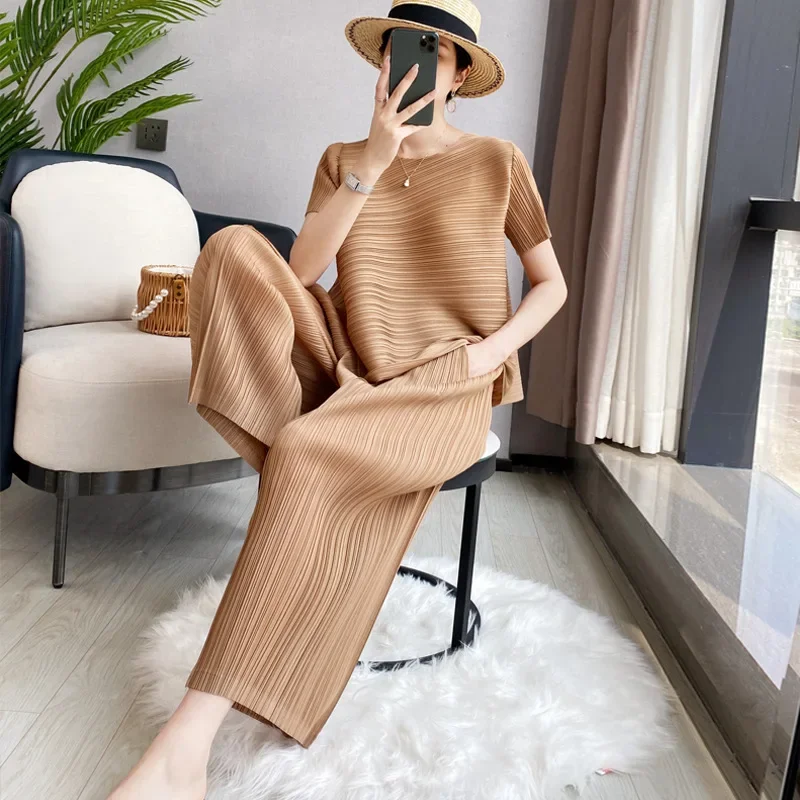 Pleats Pleated Pants Set 2024 Summer New Loose Ageing Big Size Temperament Fashion Simple Pleated Two-piece Female Clothing