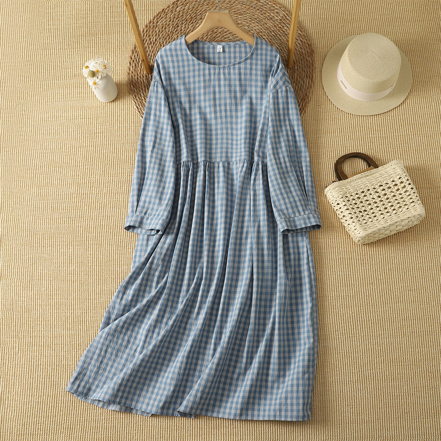 Loose Long Sleeve round Neck Cotton Dress Knee-Length Overcoat Retro Color Block Blue Plaid Women's Citywalk Casual Dress
