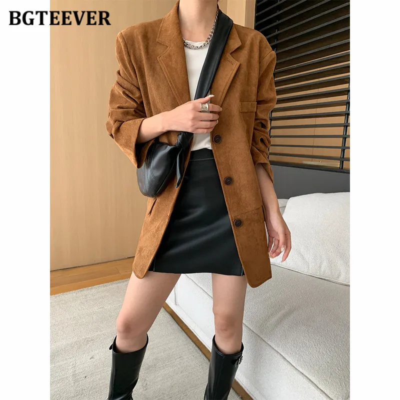 BGTEEVER Autumn Women Blazer Jacket Turn Down Collar Long Sleeve Fake Suede Coats For Women New In Outerwears