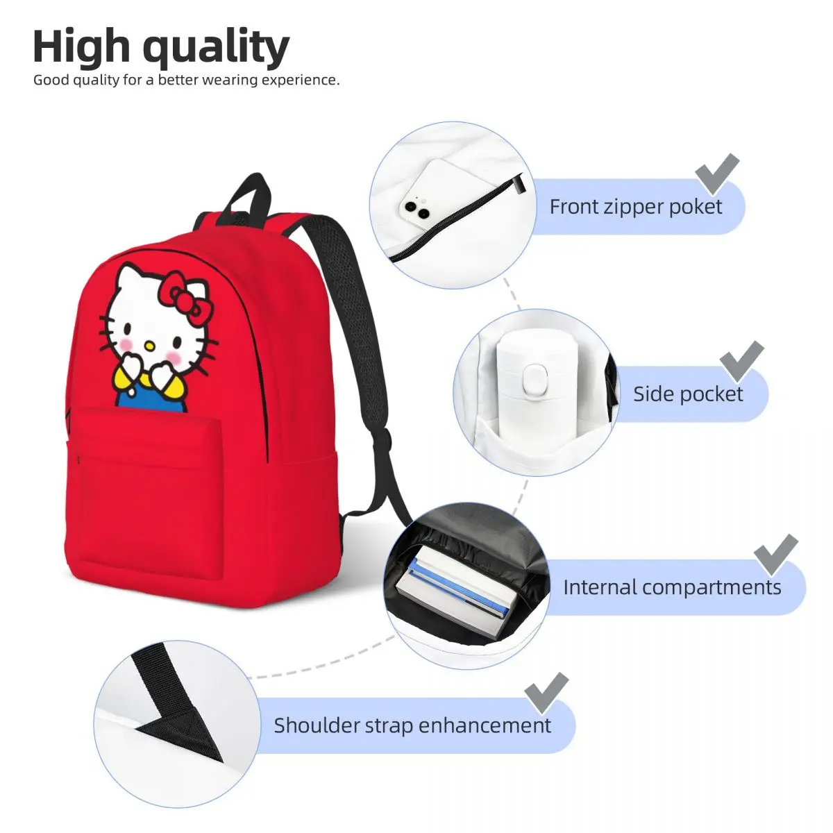 Hello Kitty Shying Backpack Elementary High College School Student Bookbag Teens Canvas Daypack with Pocket