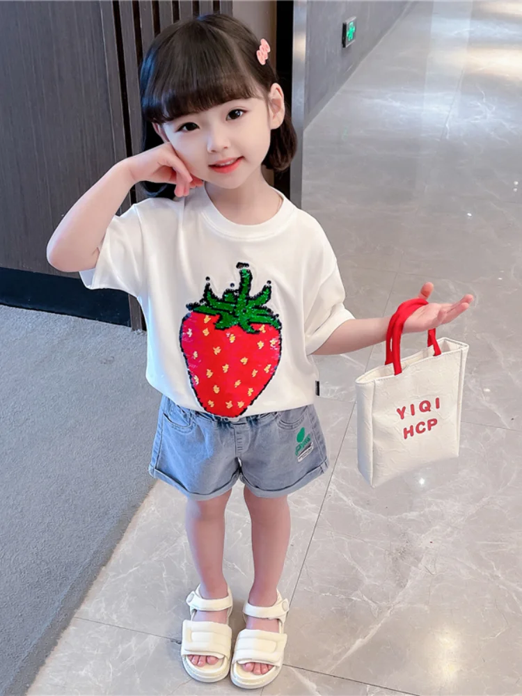 Girls Strawberry Fruit Print T-shirt Children's O-neck short sleeved All-match Casual Tops