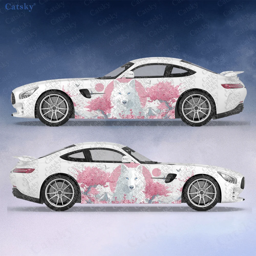 

2pcs Fuji Mountain White Wolf, Pink Cherry Blossom Sticker, Durable, Fade-resistant, Easy To Install and Remove Car Vinyl Wraps