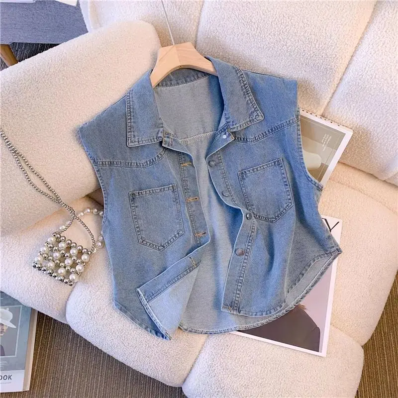 Vintage short Denim waistcoat female summer new fashion thin Pockets sleeveless jacket women loose jean vest ladies tops T270