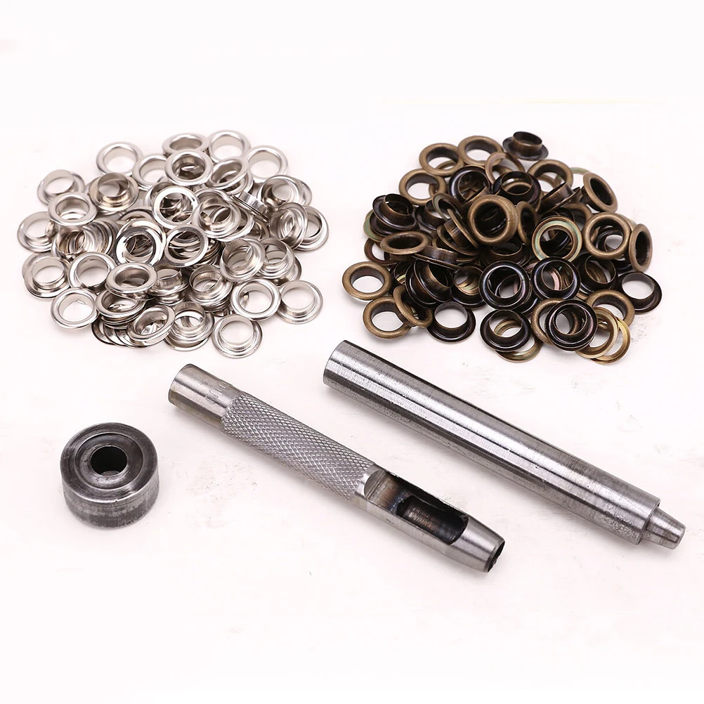 

100 Sets Grommets Eyelet Tools Kit Silver Bronze 50 Each Color Sturdy Durable Clothing Shoes DIY Crafts Canvas Tarps Tents