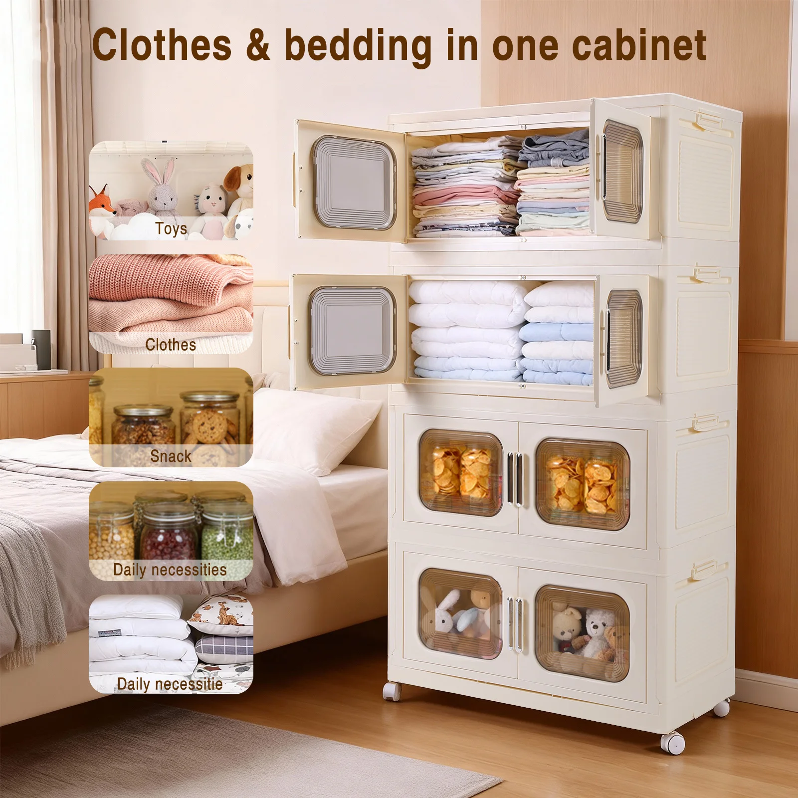 4 Pack Foldable Storage Box with Wheels and Magnetic Doors Stackable Storage Container Plastic Storage Bins for Home