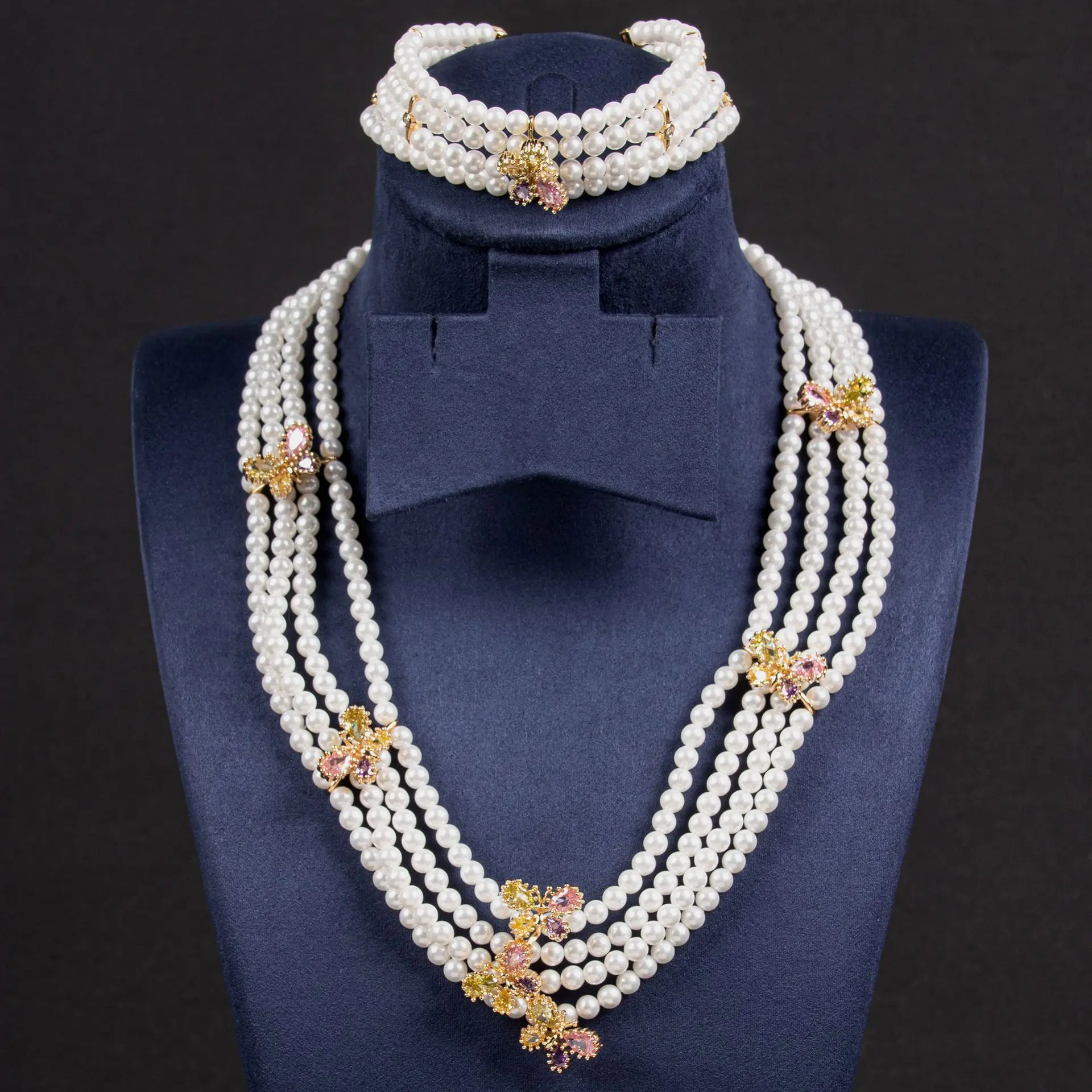 

Light Luxury High Quality Multi-Layered Pearl Butterfly Necklace Earrings Bracelet Women Jewellery Set Party Wedding Prom M-525