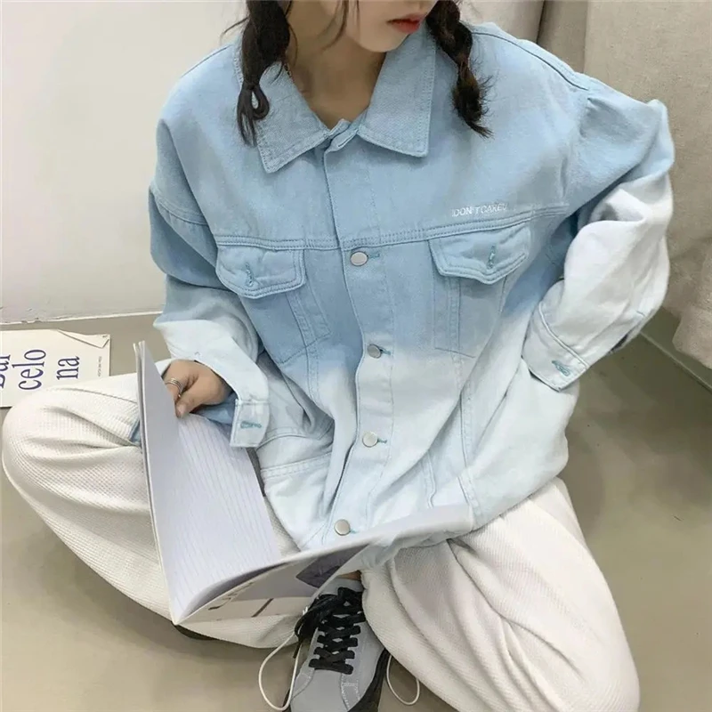 Jean Jackets Spring Pink Letter Embroidery Korean Baggy Women Denim Jacket Ladies Oversized Fashion Casual Tie Dye Denim Coat