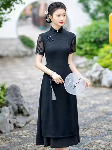 2026 vietnam dress aodai chinese improved qipao national flower cheongsam chiffon dress retro banquet evening dress vestido