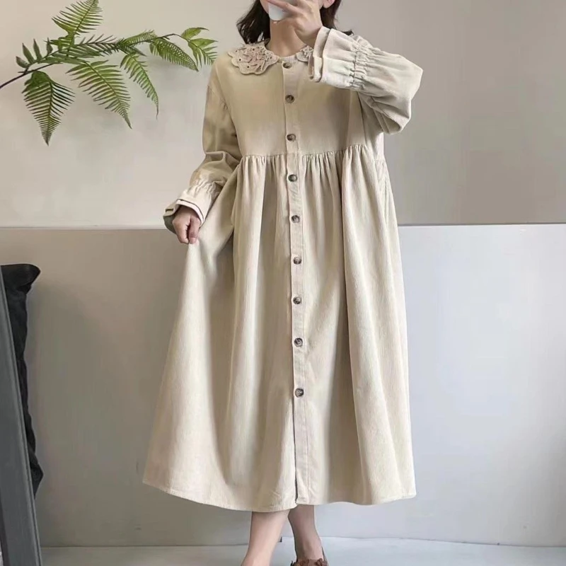 

Large size artistic retro forest over knee corduroy women's doll dress high-end open button dress