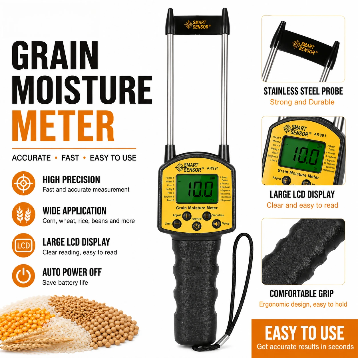 SMART SENSOR Handheld LCD Digital Grain Moisture Meter Hygrometer with Measuring Probe for Corn Wheat Rice Bean