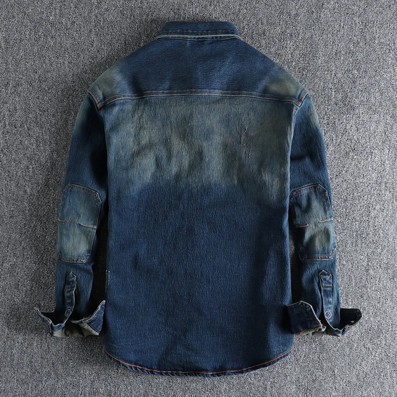 Autumn American Retro Heavyweight Denim Cargo Shirt Men\'s Fashion Pure Cotton Washed Old Long Sleeve Double Pocket Casual Tops