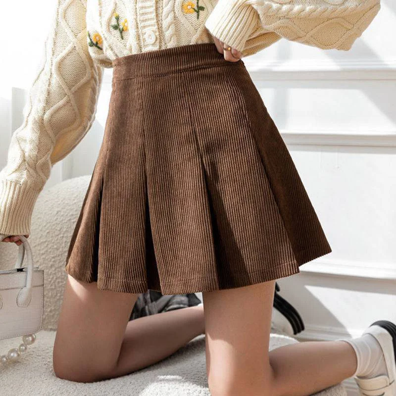 Fashion High Waist Pleated Skirts Women 2024 Spring Summer Corduroy Mini Skirts Woman Korean Black Brown Short Skirt