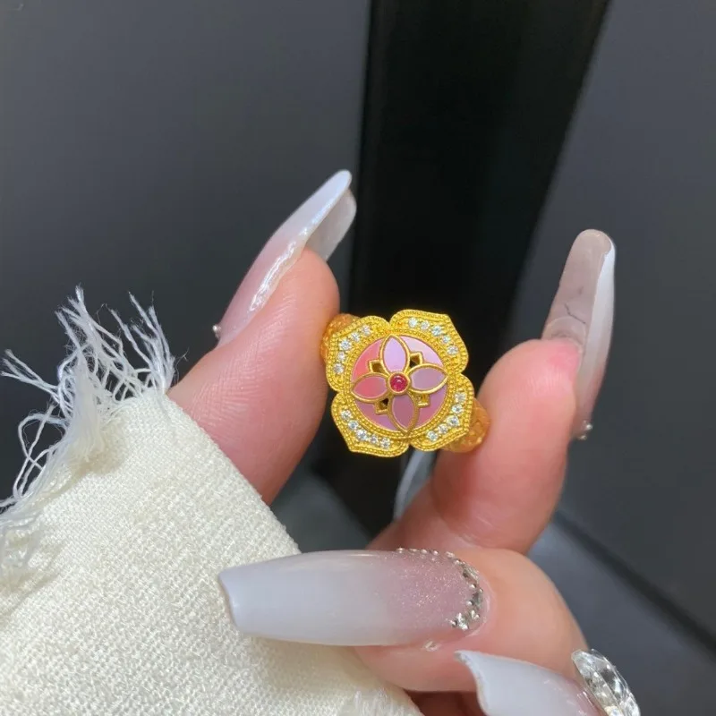 خاتم زهر الخوخ الوردي من المينا في العصور الوسطى للنساء، مجموعة ألماس ذهبية اللولبية، مجوهرات عصرية خفيفة فاخرة على طراز المحكمة