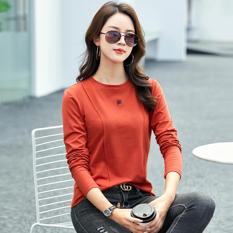 Autumn Women’s Long Sleeve T-Shirts Korean Style New Arrival Fashion Plus Size Basic Stretch Tshirts For Women 2023