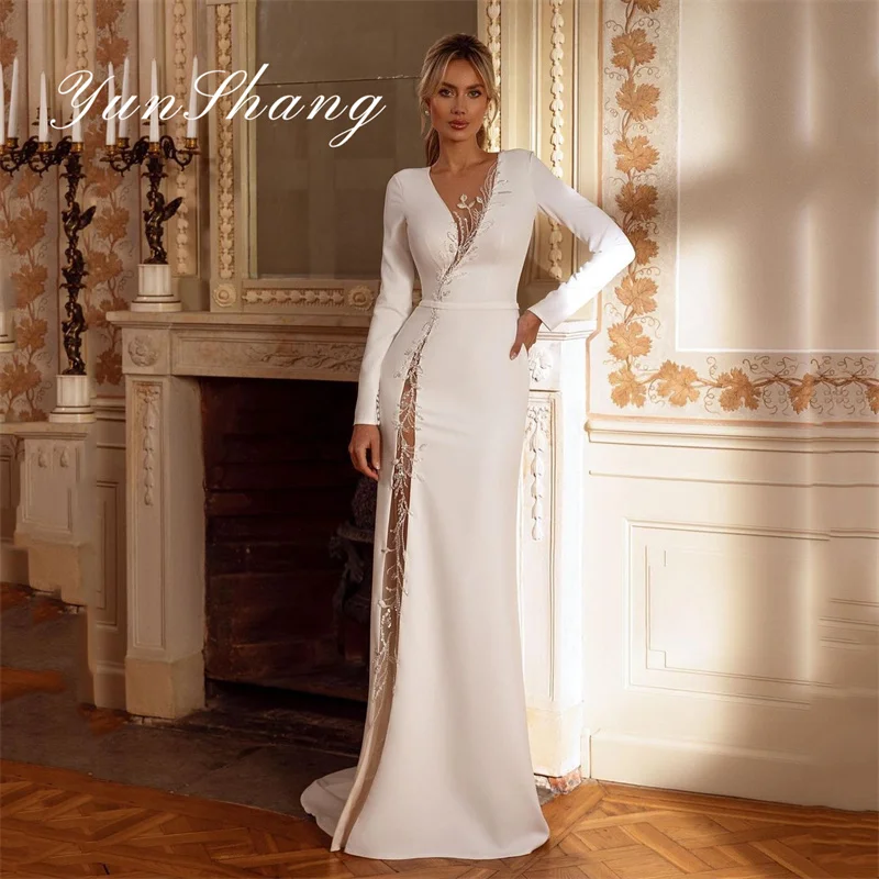 Yun shang Meerjungfrau Brautkleider Frauen Illusion zurück Spitze O-Ausschnitt Langarm Applikation Brautkleid Sweep Zug Vestidos de Novia