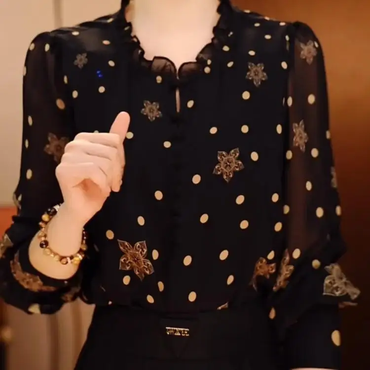 ربيع الخريف المرأة الشيفون irt طويلة Sve البولكا نقطة طباعة Ele بلوزة صغيرة أمي Faionable تي شيرت حجم كبير