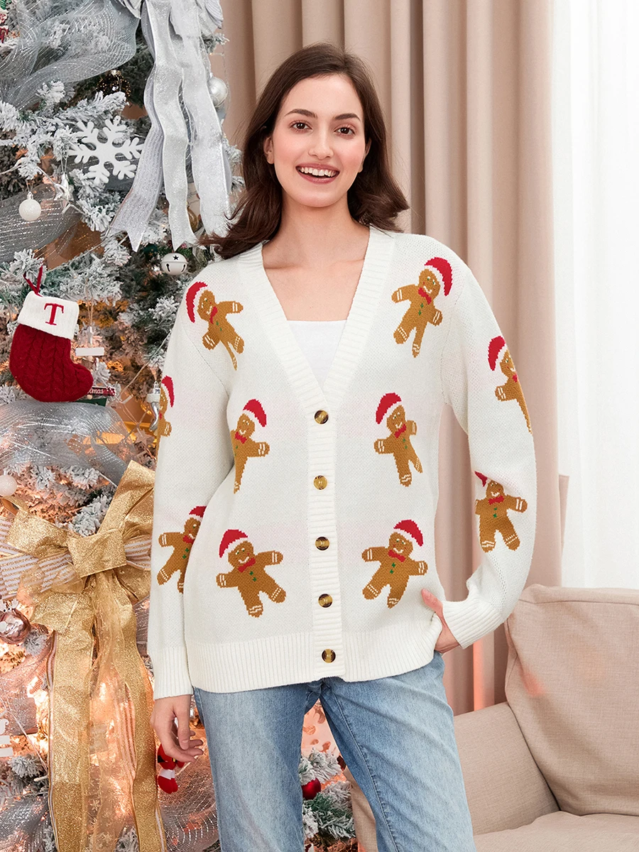 Women s Holiday Reindeer Print Button-up Long Sleeve V-Neck Knit Cardigan Sweater with Ribbed Detailing