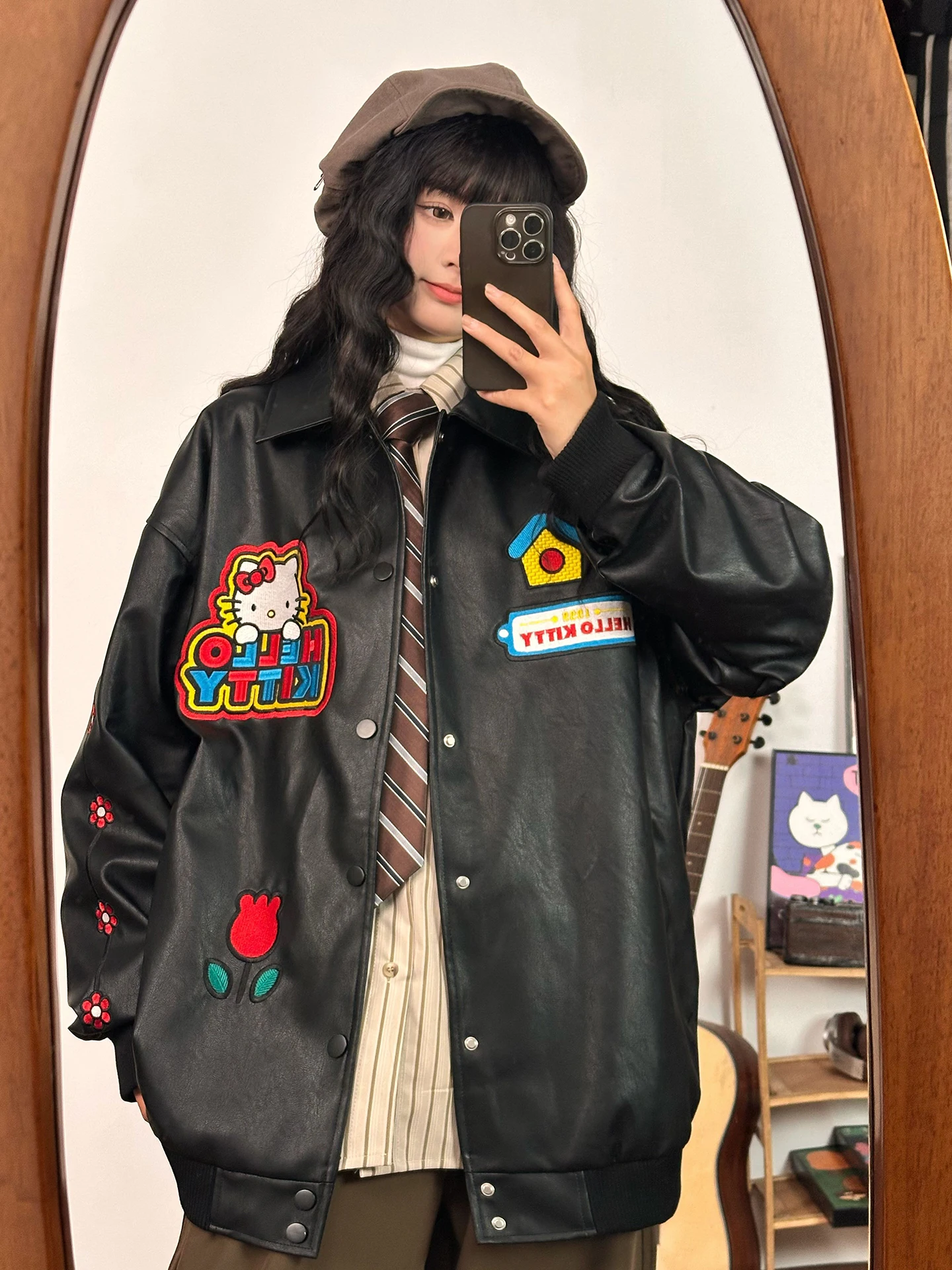 Original americano retro dos desenhos animados hellokit bordado couro jaet feminino solto topo rua sle couro do plutônio longo sve casaco