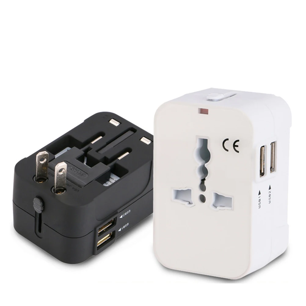 Adaptador de viagem em todo o mundo tudo em um conversor de energia universal adaptador de tomada ac com portas de carregamento usb duplas para ue eua reino unido au celular