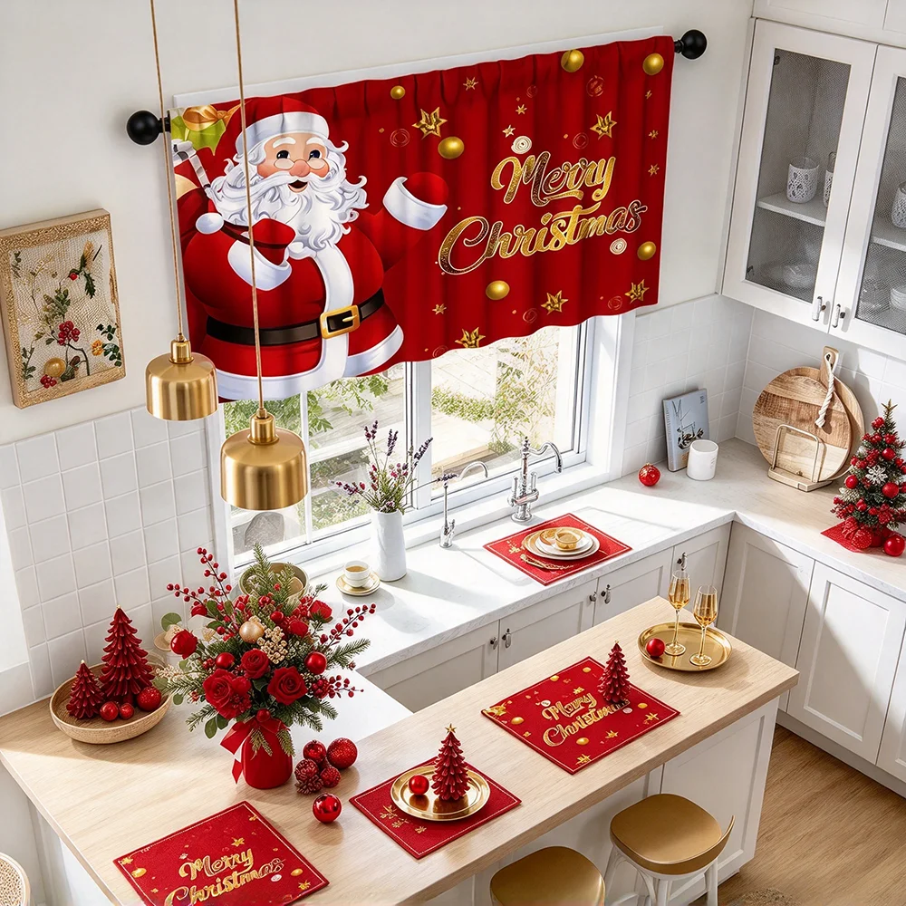 Valance and Short Curtains Set, Cartoon Santa Star, Cute Cartoon Style, Christmas, Tier Curtains, Cute Kitchen Window Drapes
