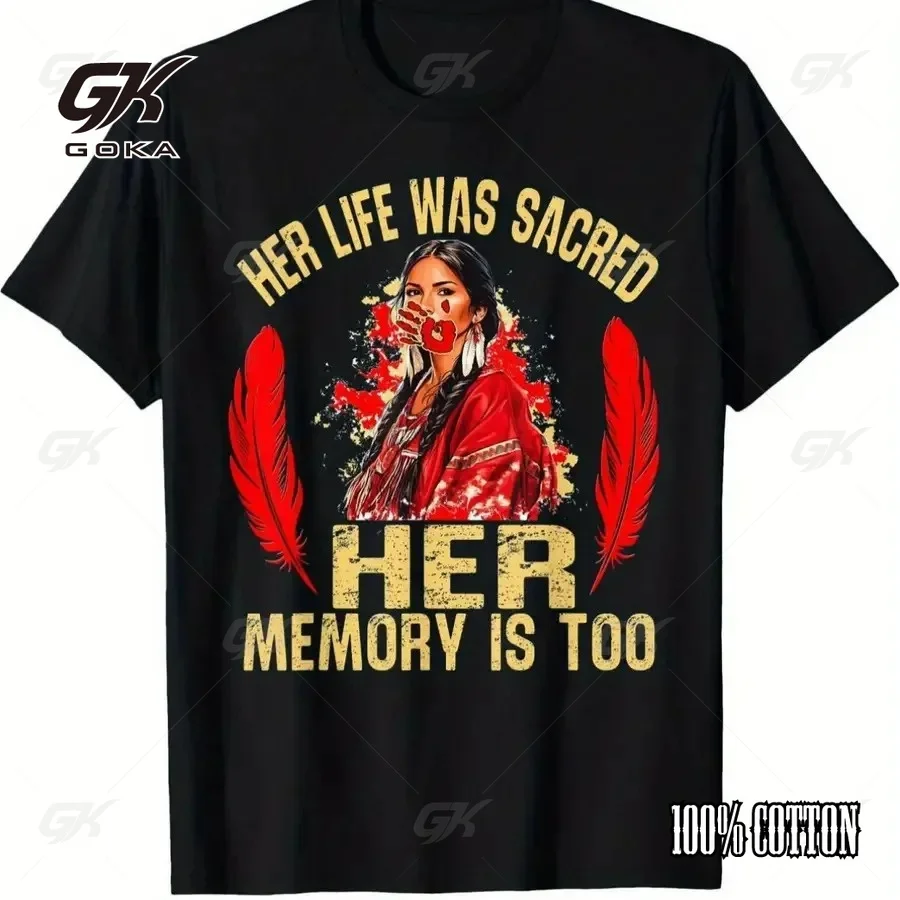 MMIW Her Life Was Sacred Her Memory Is Too Indigenous Awareness T-Shirt, Native American Red Feather Activism Y2k Clothes Tops