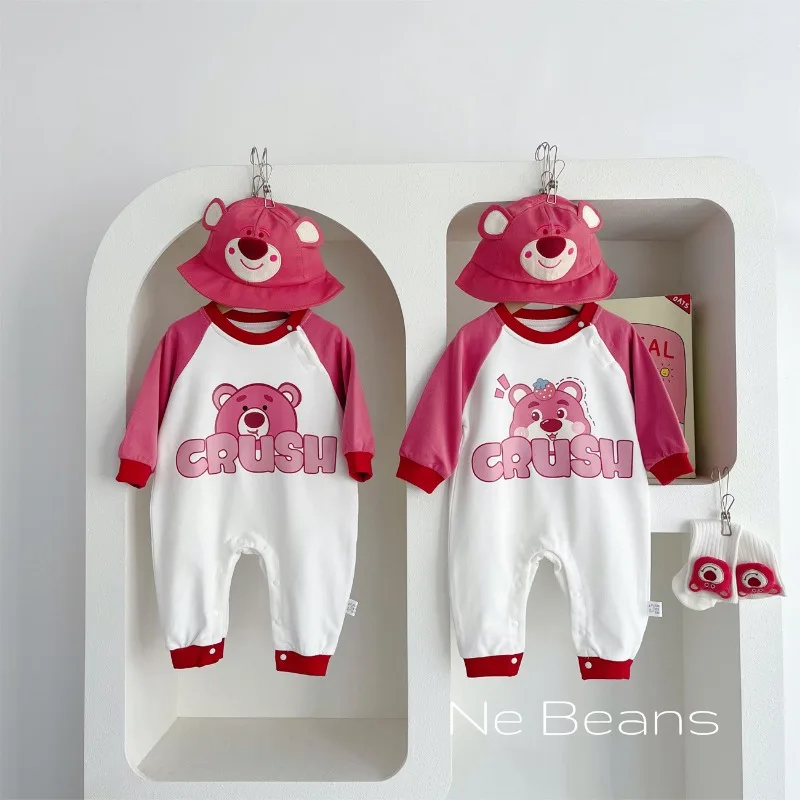 Spring Autumn Baby Girl Boy Romper Korean Style Cartoon Disney Trendy Strawberry Jumpsuit Newborn Clothes K13908