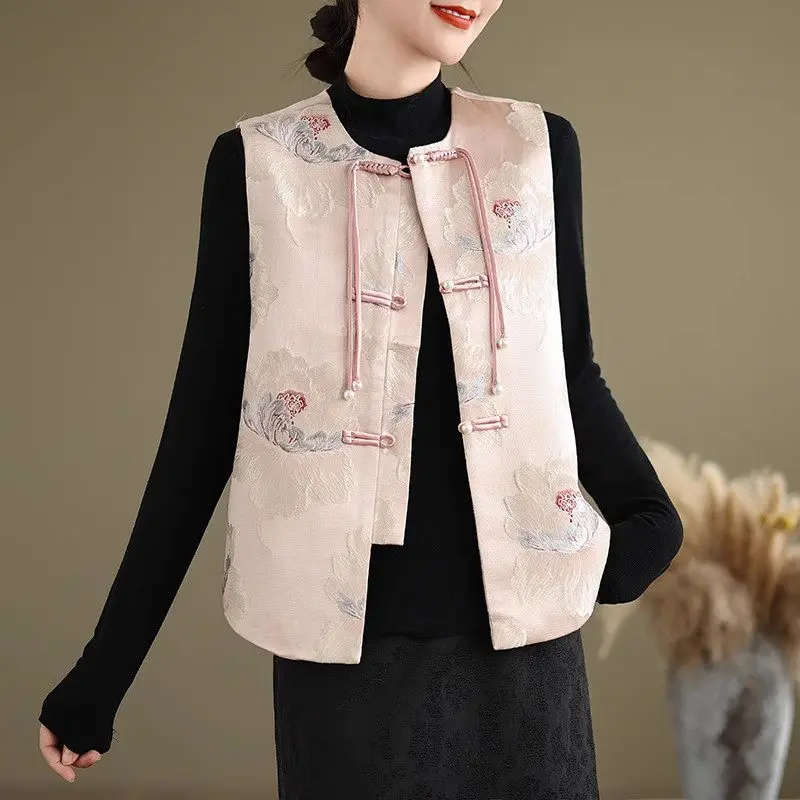 New Chinese Style Buckle Round Neck Tang Vest Women 2024 Autumn Woven Brocade Jacquard Retro Short Jacket Waistcoat Top k2465