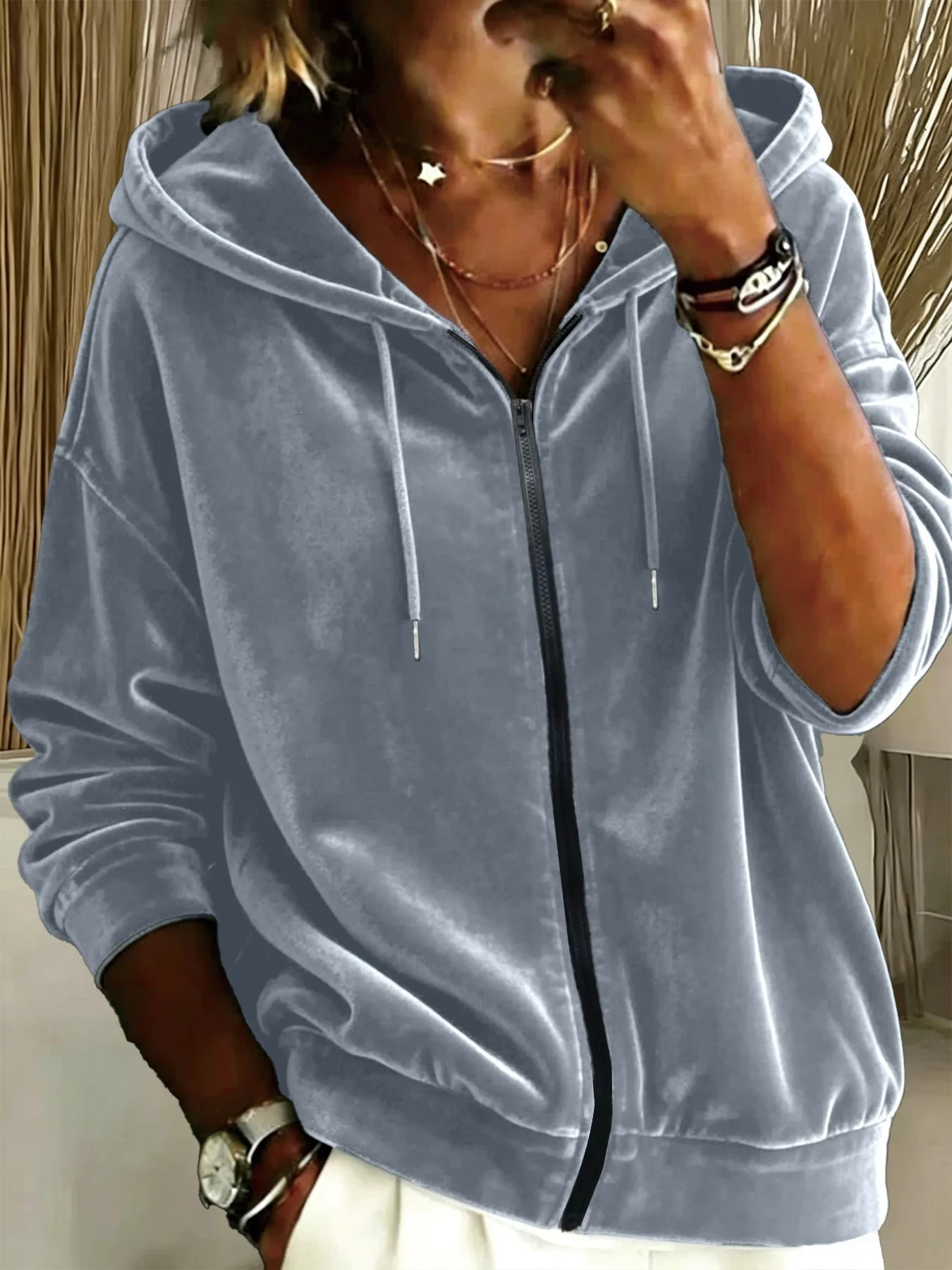 2026 Herbst Winter Neue Damen Freizeitjacke aus Samt mit Kordelzug, Kapuze und Reißverschluss, Langarm-Hoodie – Detail 8