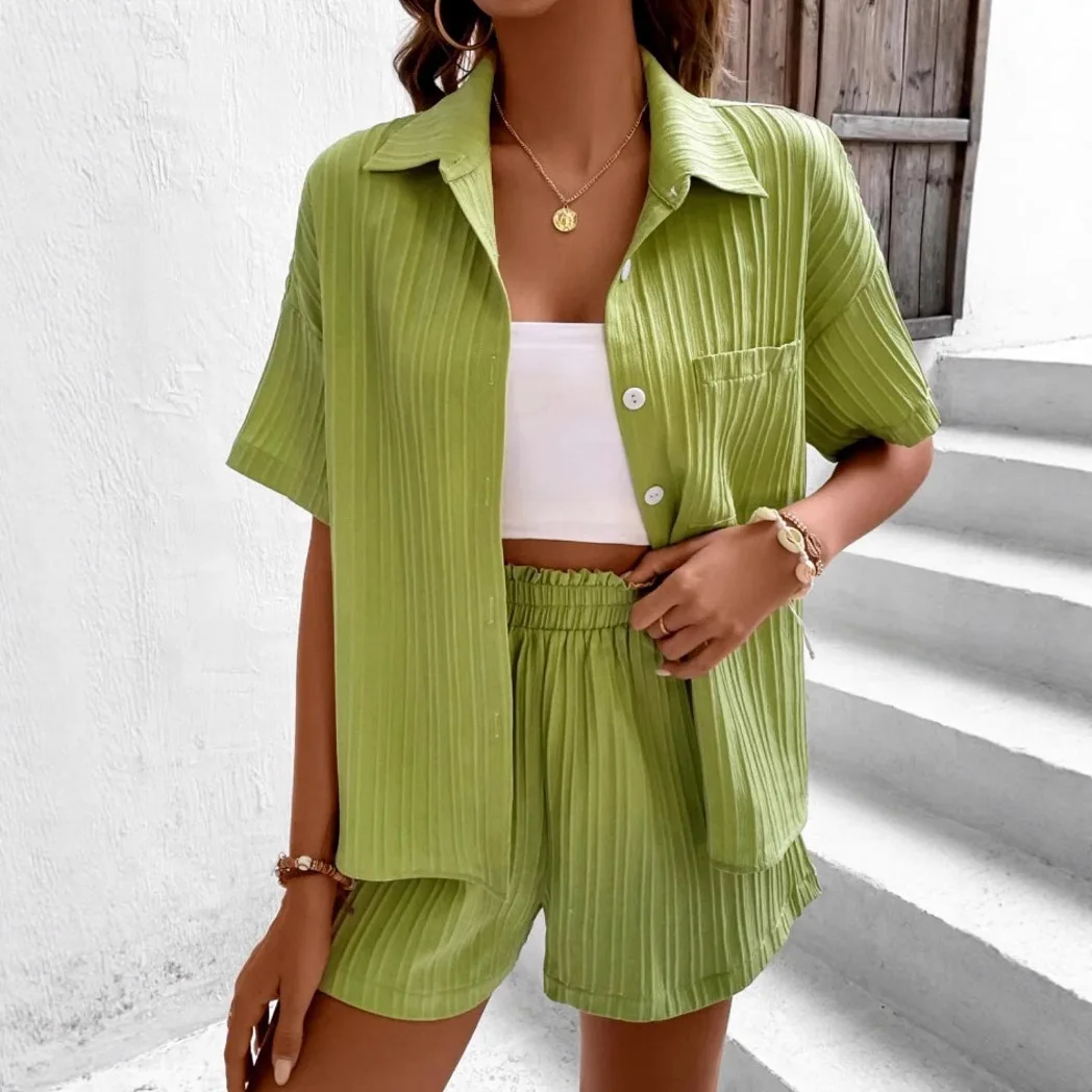 High Waist Striped ort Sve irt And orts Set Elastic Waisand Faionable Two Piece Suit for Young Women Summer Wear