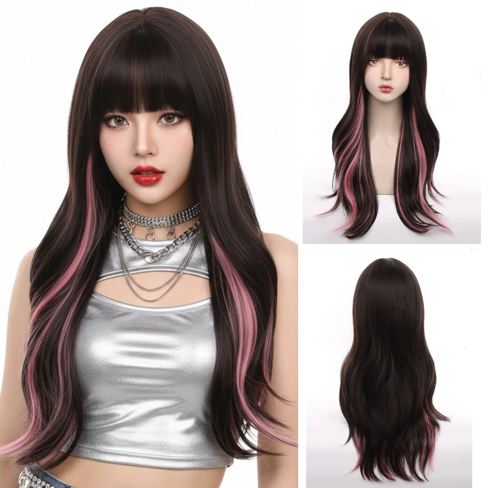 

Heat Resistant Long Straight Black Ombre Pink Wig With Bang Women's Synthetic Lolita for Cosplay Party Daily
