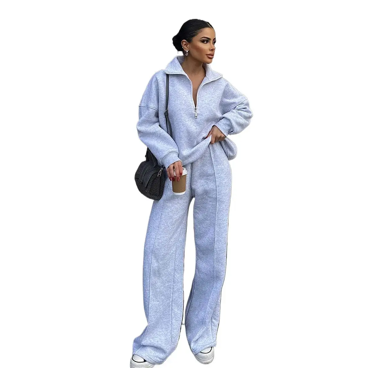 

New Fashion Zipper Sweatshirt + Wide Leg Pants Two-piece Sets Women Winter Casual Solid Color Top And Trousers Suit For Women
