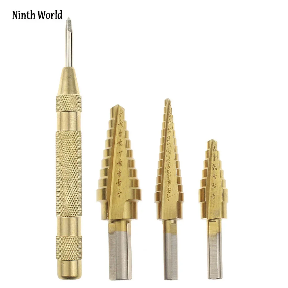 Ninth World 4Pcs Metric Imperial HSS Steel Titanium Step Drill Bit Set And Automatic Center Punch Hex / Triangle Shank Set