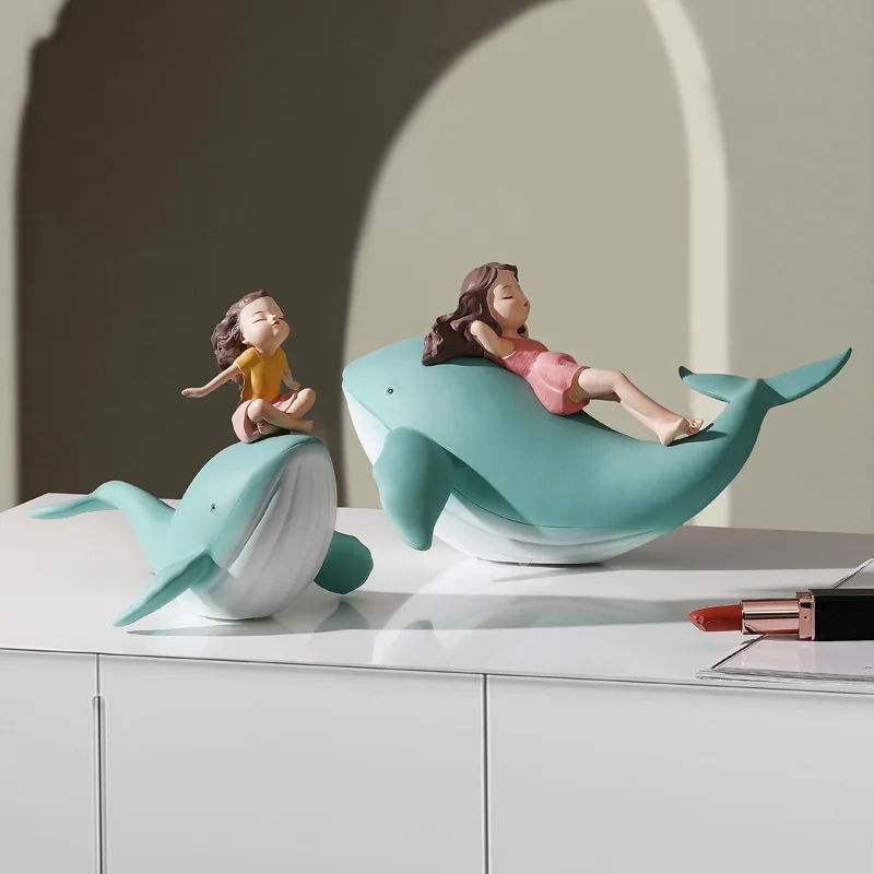 Whale Girl Decoration Resin Statue, Cute and Simple Healing Small Objects Cartoon Living Room Desktop Decoration Gift
