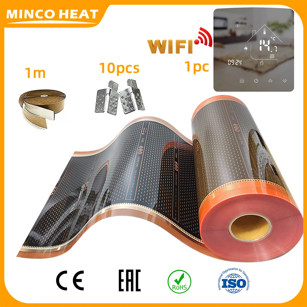 Minco Heat AC 200~240V 5㎡ 50/80/100cm Width Energy Saving Infrared Graphene PTC Heating Film 240w/㎡ Warm Floor Heating Mats Kits