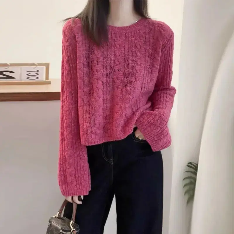 Korean Autumn/Winter Sweaters Women\'s O-Neck Solid Hollow Out Simplicity Office Lady Loose Long Sleeve Pullovers Knitted Tops