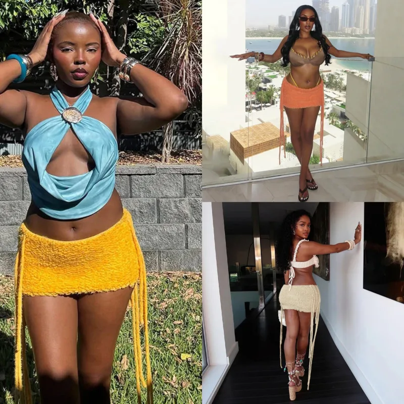 

Y2K Summer Side Tassel Mini Skirt For Women Chic Solid Color Furry Texture Sexy Slim Fit Streetwear Hip Hugging Short Bottoms