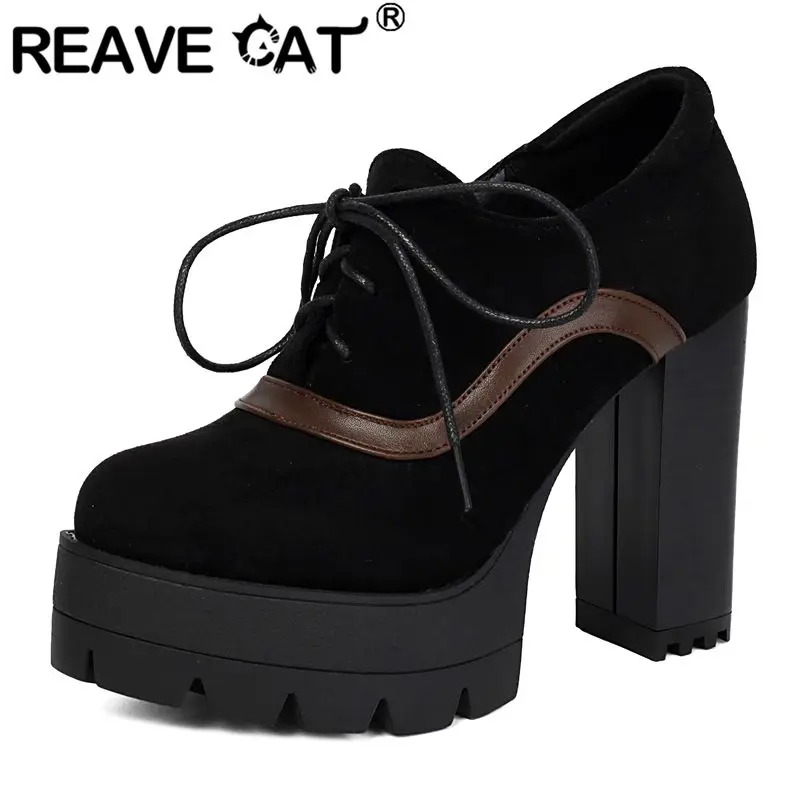 

REAVE CAT Black Flock Suede Women Pumps Round Toe 11cm Chunky Heel 3.5cm Platform Lace Up Gothic Dating Shoes Plus Size 44 45 46