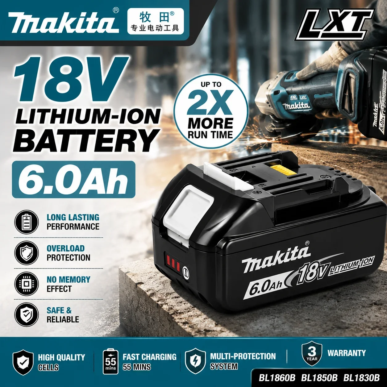 Batteria Originale Makita 6Ah/5Ah 18V, Batteria al Litio di Ricambio per Makita DHS680Z DTD173 DGA404 DRT50 DTW600 DTD171