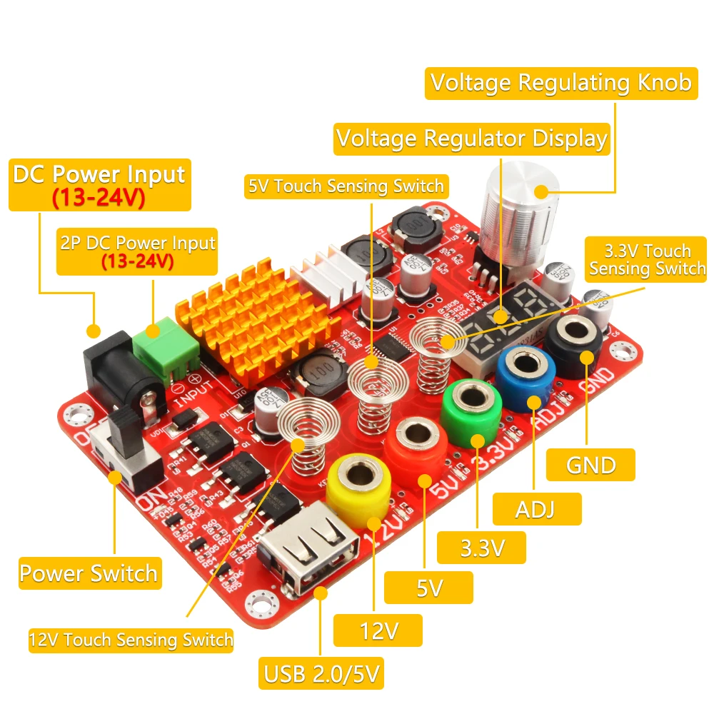 Nowa wersja wejście DC 13-24V do 3.3V, 5V, 12V tabliczka zaciskowa napięcia wyjściowego, z pokrętłem regulowane napięcie ADJ i czujnikiem dotykowym