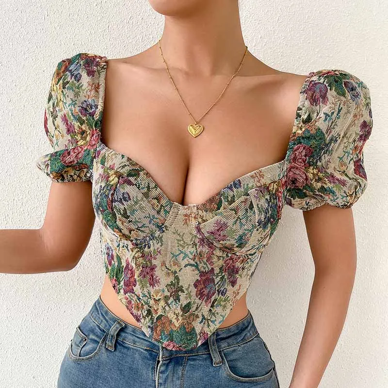 French Vintage Corset Tops To Wear Out Sexy Floral Corsets Bustier Crop Top Tank Lace Up Women Flower Camisole Shaper Streetwear