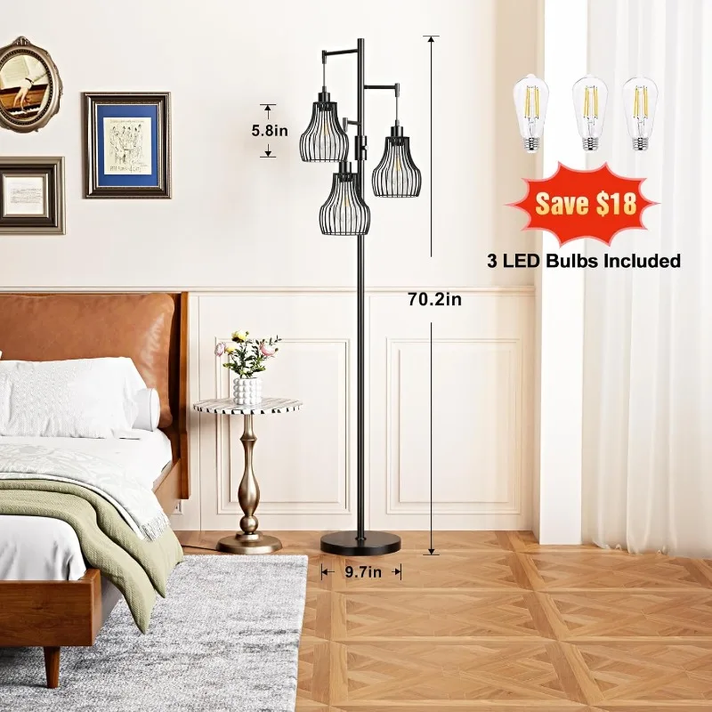 Dimmable Floor Lamp, 3 x 800LM LED Edison Bulbs Included, Farmhouse Industrial Floor Lamp Standing Tree Lamp with Elegant