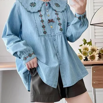 여성용 데님 긴팔 셔츠, 피터팬 칼라 자수 상의, 모리 걸 캐주얼 스위트 OL 블라우스, 겨울 T48644QM, 가을 신상