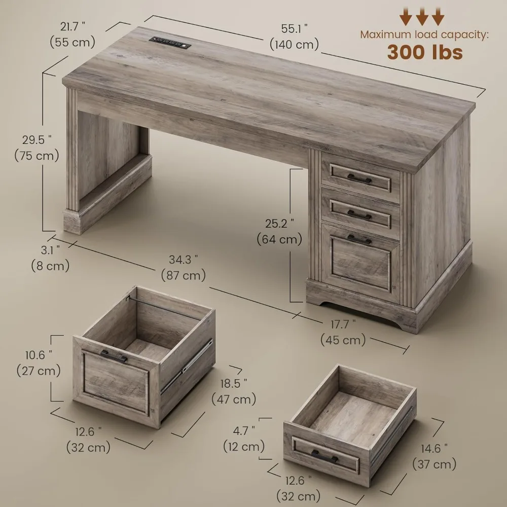 مكتب تنفيذي Farmhouse 55، مكتب كمبيوتر مع أدراج تخزين ومخرج طاقة، مكتب منزلي، محطة عمل للمكتب #2