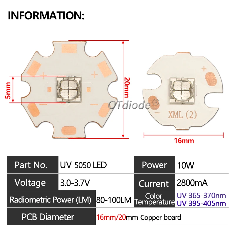 10W UV XLM LED 5050 SMD High Power 4 Chips 3-3.7V 365nm 370nm 395nm 405nm Purple Diode 17mm 20mm 22mm 3.7V 12V Flashlight Driver